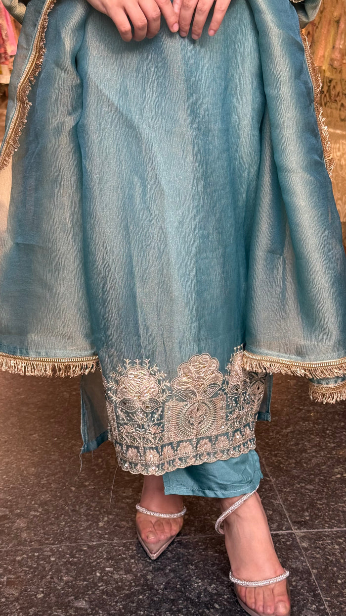 Budget-Friendly Shimmer Tissue Embroidered Suit Set with Thread & Jarkan Work