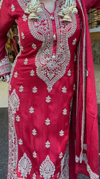 Designer Chinon Suit Set with Multicolour Stone & Beads Work (customisation available for 46/48 size)