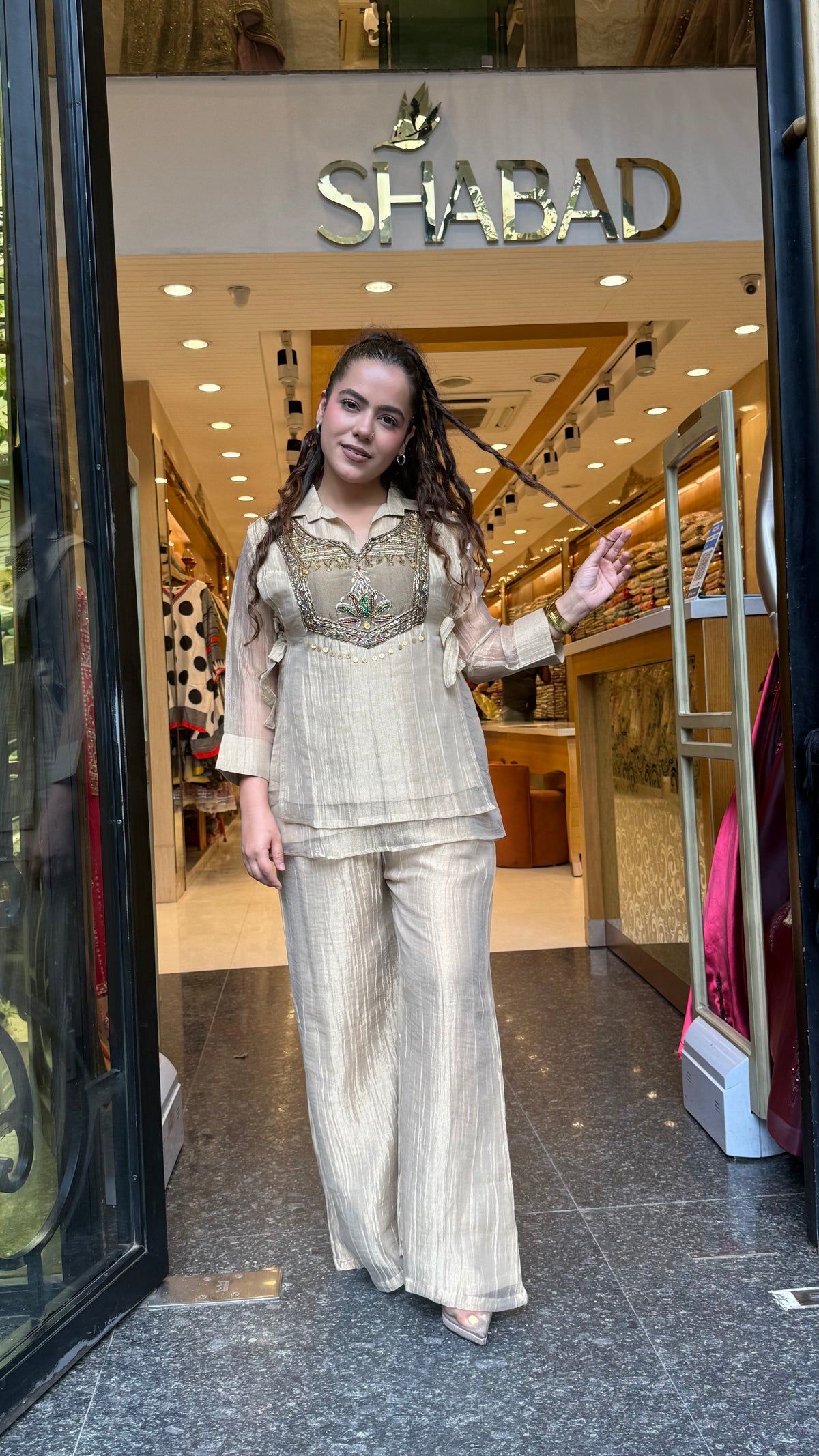 Crush Shimmer Tissue Metal Dabka & Beads Work Co-ord Set | Partywear Collection