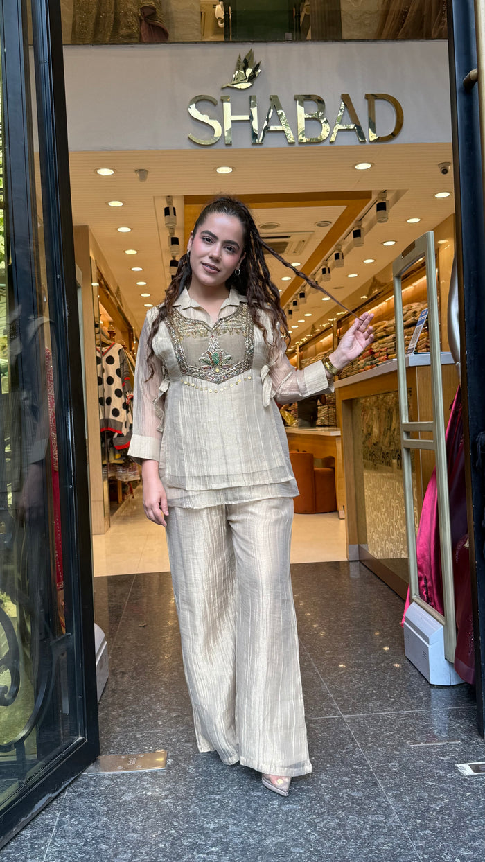 Crush Shimmer Tissue Metal Dabka & Beads Work Co-ord Set | Partywear Collection