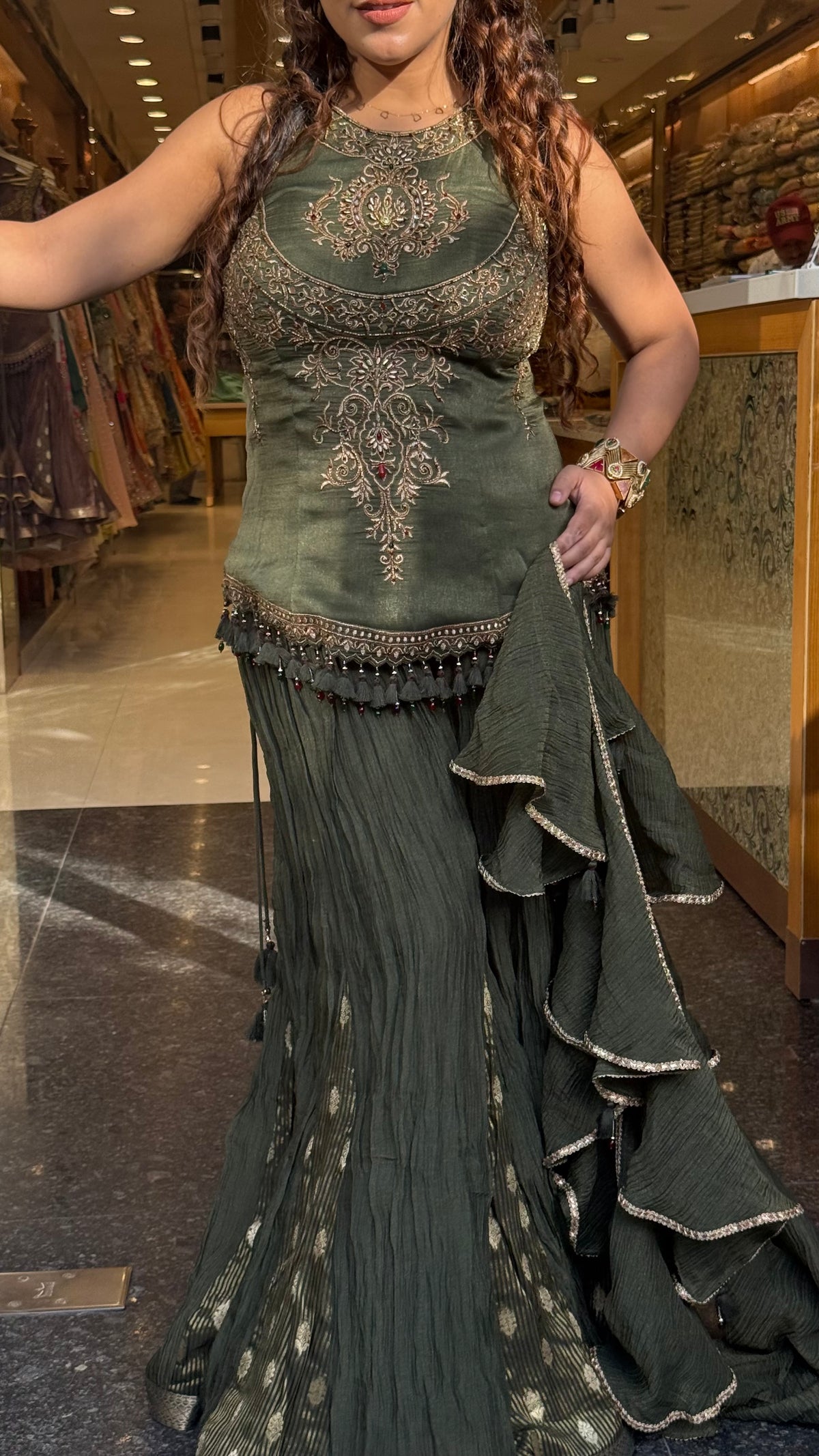 Designer Shimmer Silk Indo-Western Set with Handwork & Crush Tissue Bottom