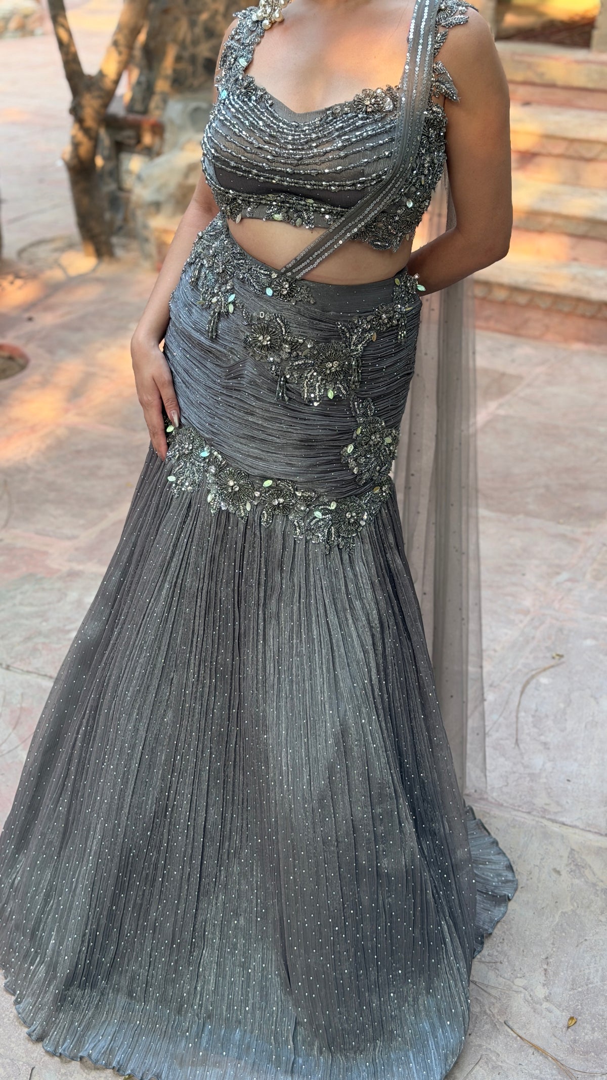 Shimmer Tissue Embellished Lehenga with Stone, Sequin, Pearl & Swarovski Cutdana Work