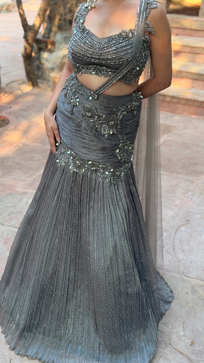 Shimmer Tissue Embellished Lehenga with Stone, Sequin, Pearl & Swarovski Cutdana Work