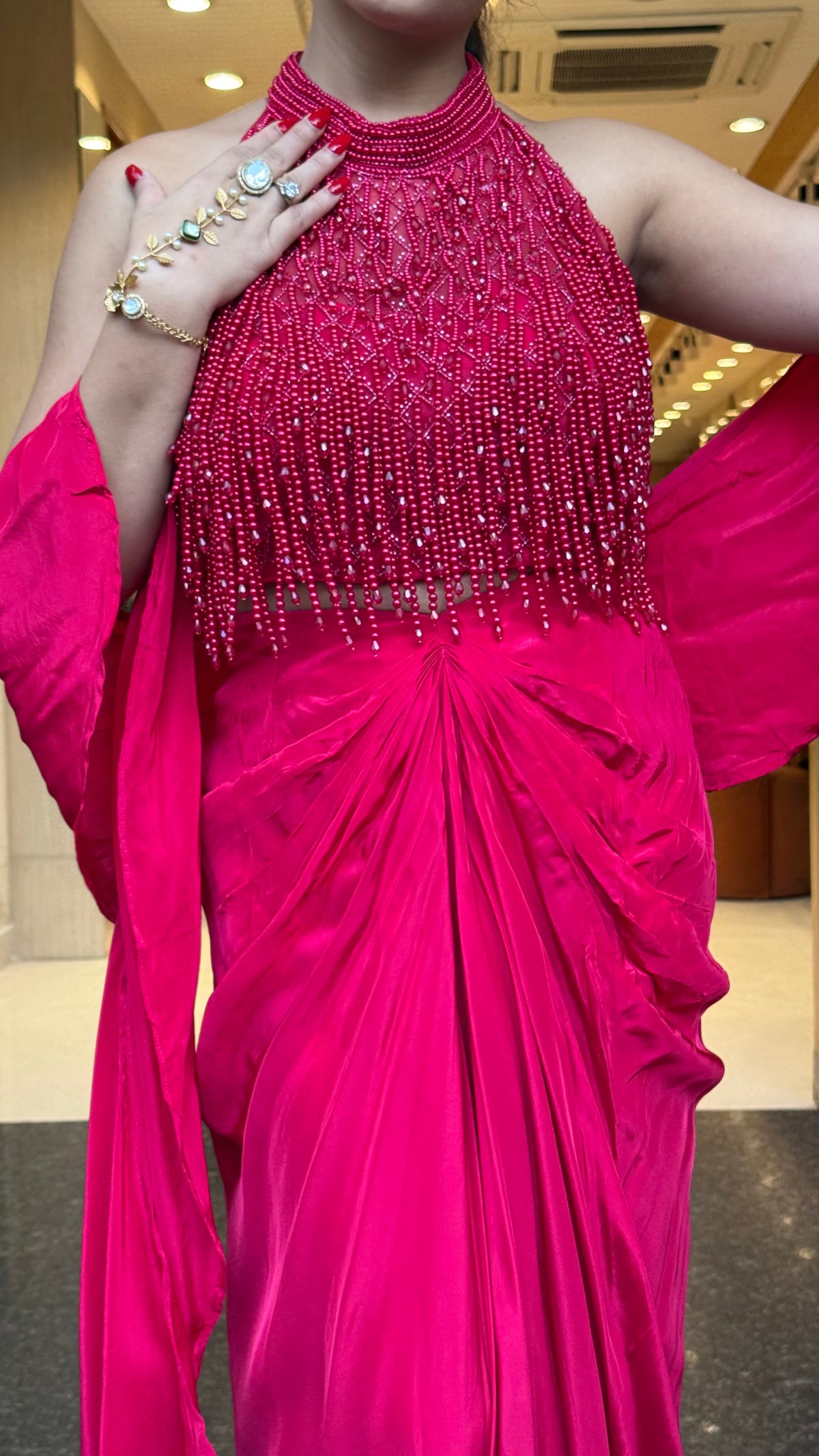 Elegant Crepe Drape Saree with Pearl Tassel Blouse – Designer Ethnic Wear
