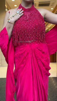 Elegant Crepe Drape Saree with Pearl Tassel Blouse – Designer Ethnic Wear