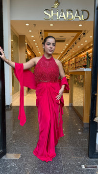 Elegant Crepe Drape Saree with Pearl Tassel Blouse – Designer Ethnic Wear