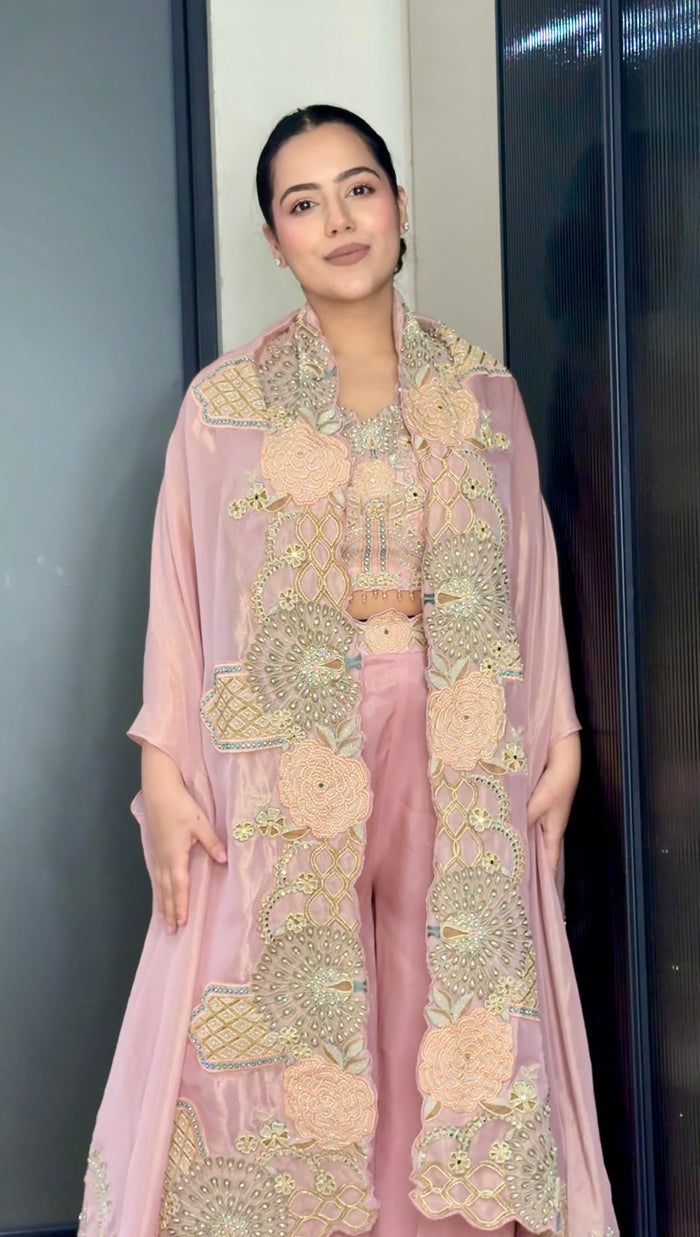 Shimmer Silk Indo-Western 3-Piece Set with Pearl & Cutdana Work