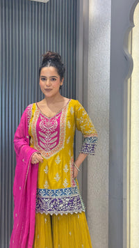 Chinon Garara Suit Set with Sequin & Neem Zari Handwork