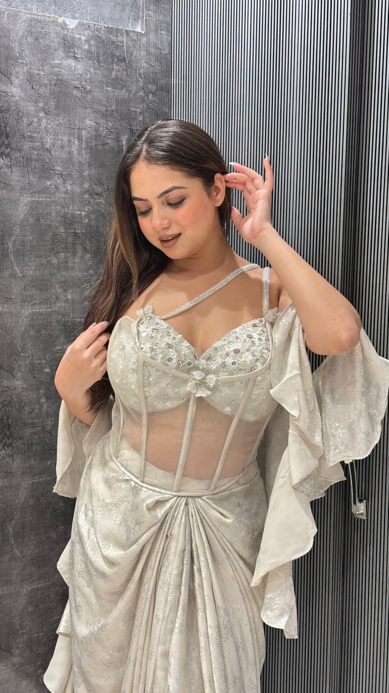 Lycra Saree with Pearl, Cut Dana & Mirror Work Corset Blouse