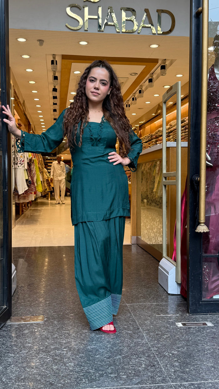Rayon Cotton Farshi Salwar Co-ord Set with Lace Work Neckline & Sleeves | Women’s Ethnic Wear