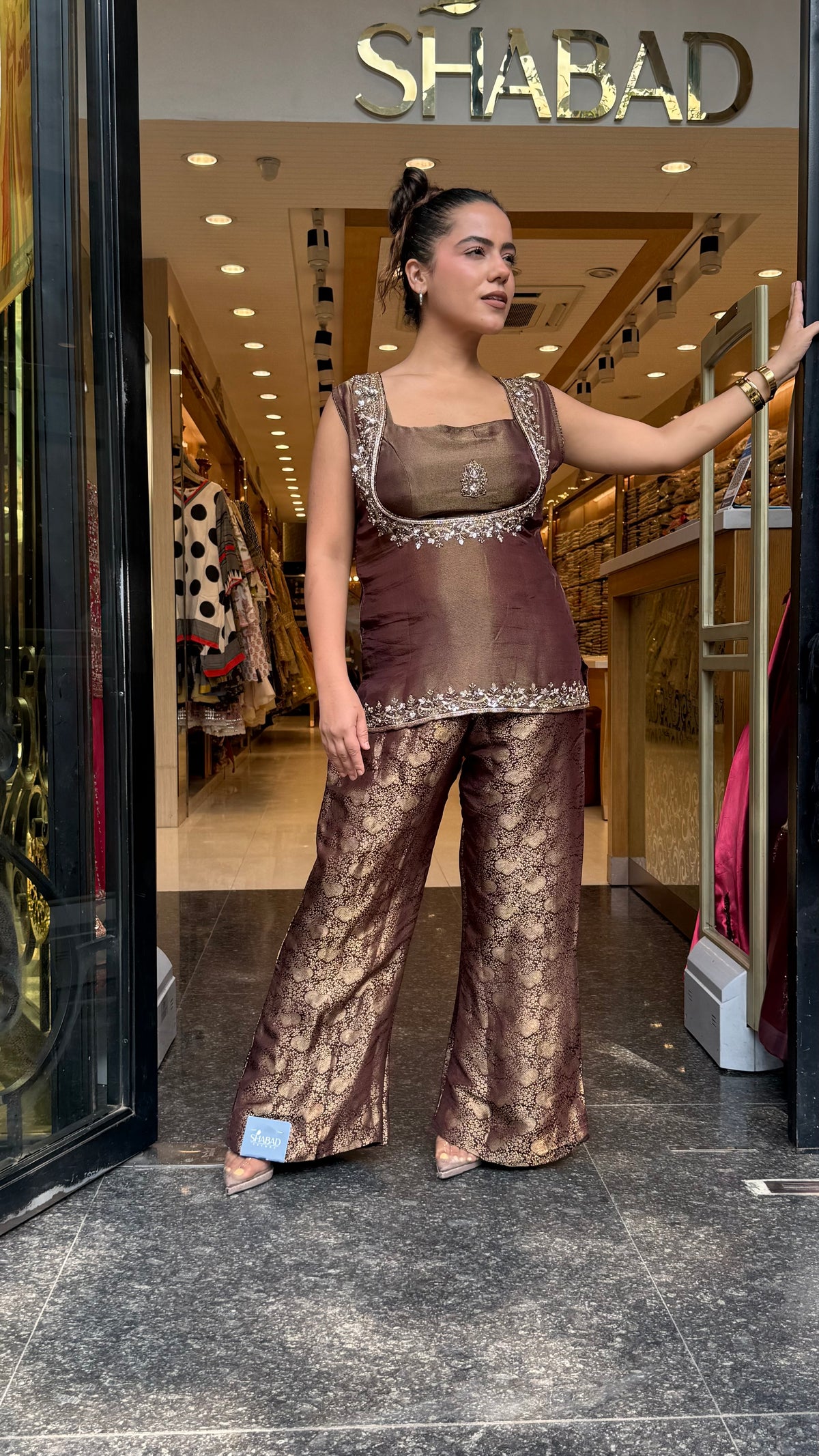 Shimmer Tissue Shirt & Blouse with Brocade Pants | Dabka & Cutdana Embellished Coord Set