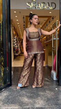 Shimmer Tissue Shirt & Blouse with Brocade Pants | Dabka & Cutdana Embellished Coord Set