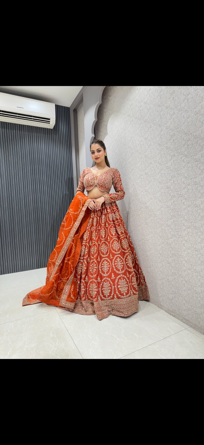Georgette Aari Work Sequin Lehenga Set with Organza Dupatta | Up to Size 44