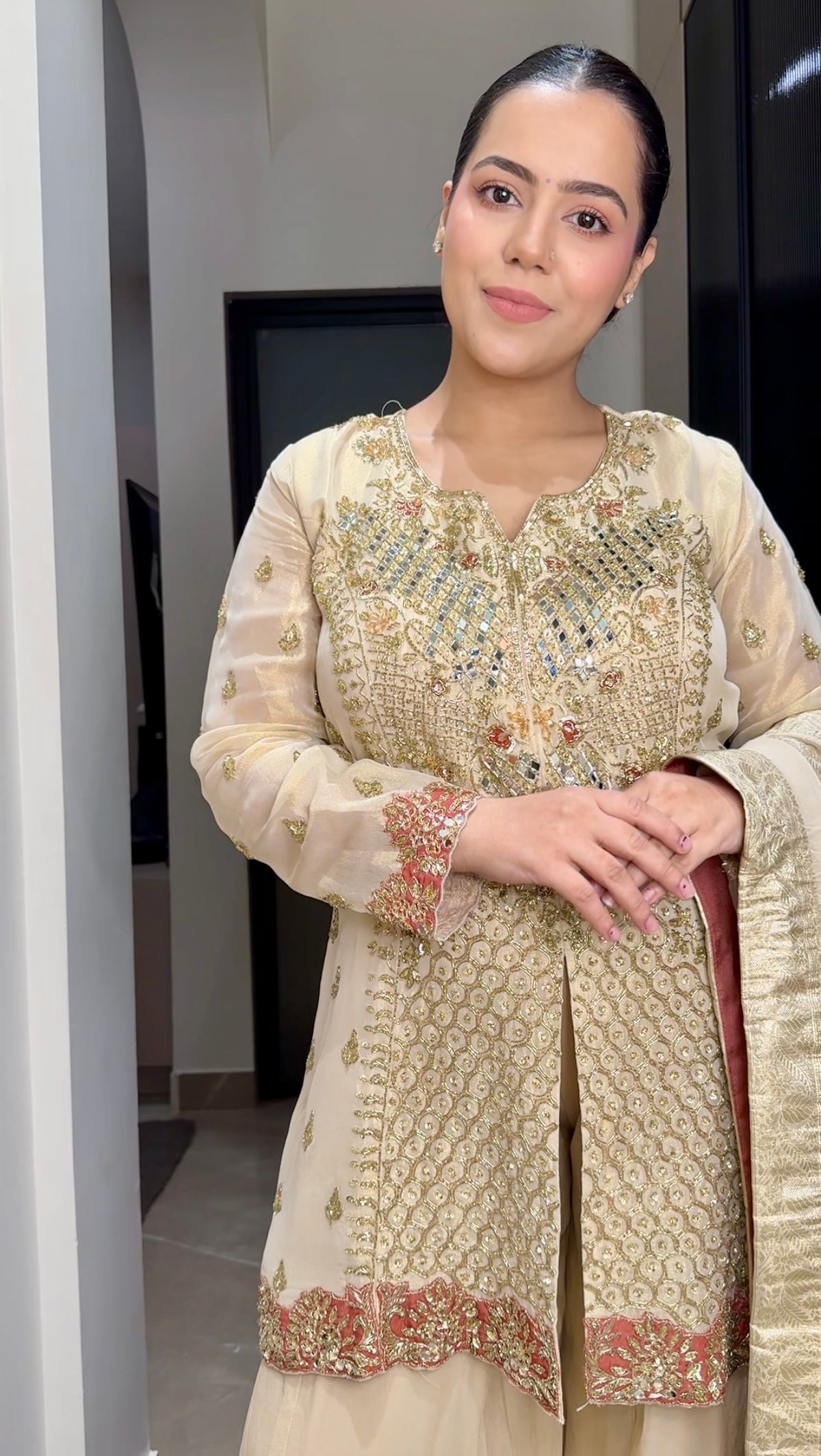 Shimmer Silk Mirror Work Suit Set – Elegant Sequins Finish