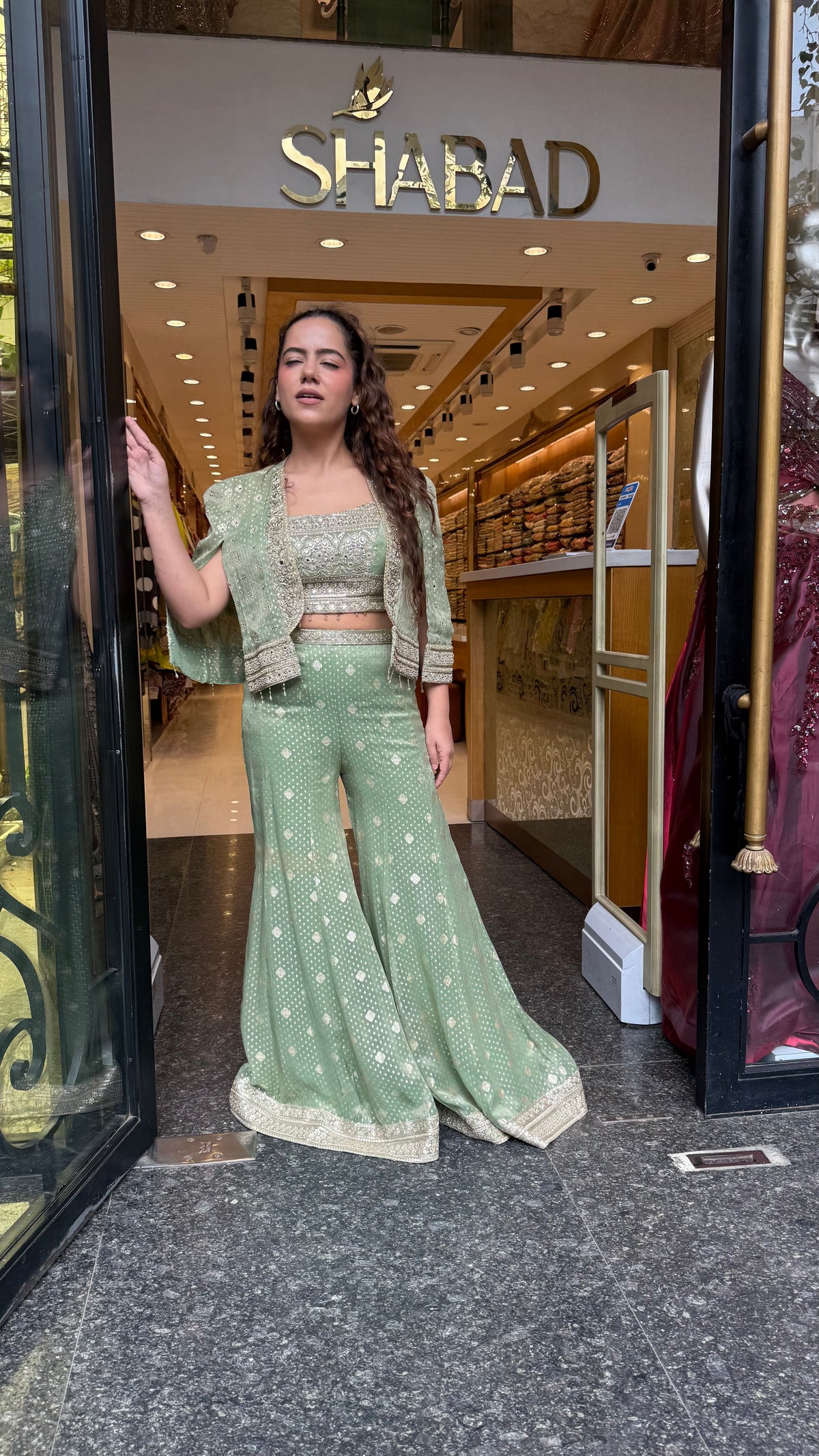 Banarsi Shimmer Indo-Western Set with Handwork Mirror Jacket | Upto Size 40