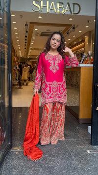 Embellished Chinon Suit Set with Multicolor Stone & Beadwork