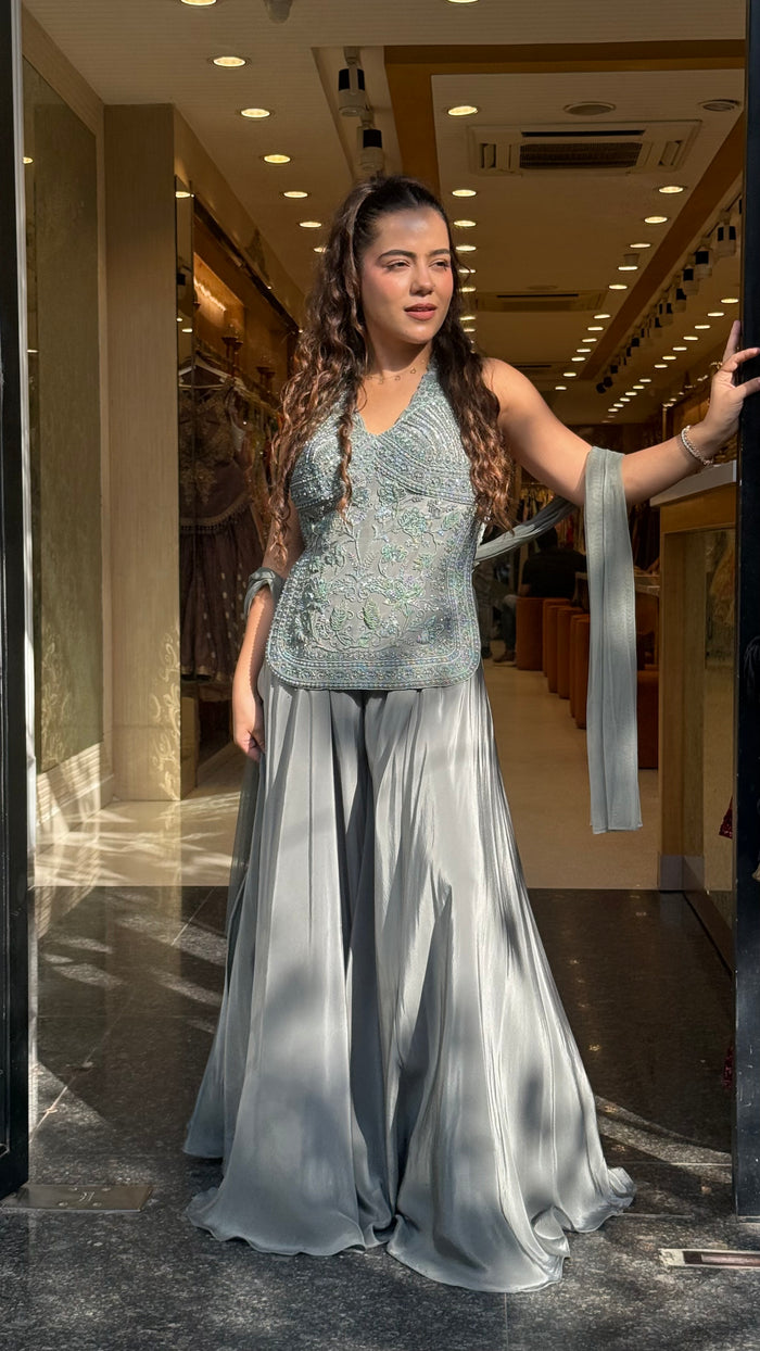 Handwork Indo-Western Set with Pure Crepe Bottom & Dupatta