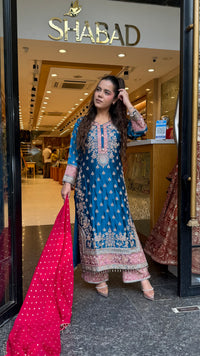 Long Pakistani Suit Set in Satin Silk with Beads Handwork