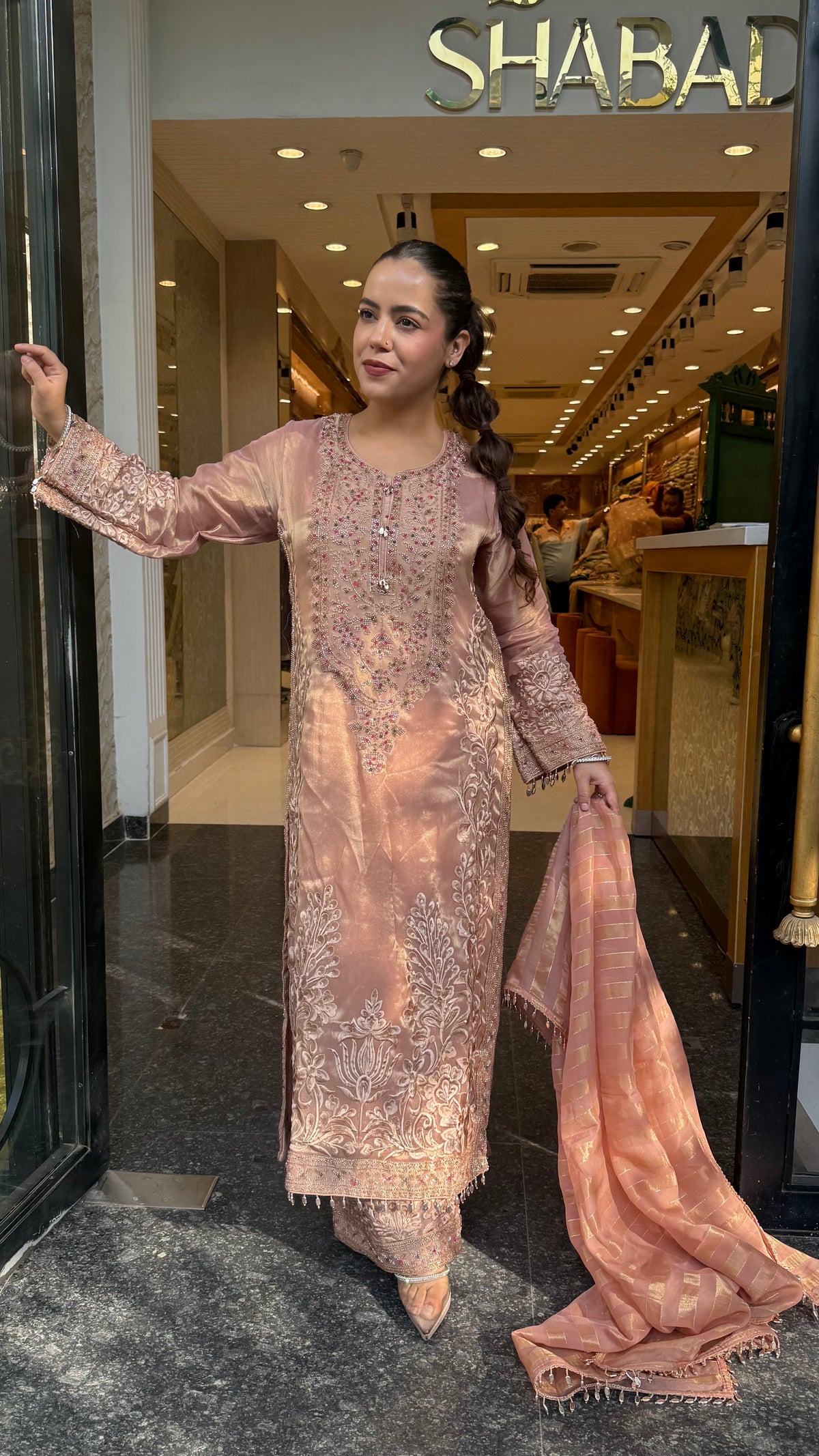 Designer Shimmer Tissue Suit Set with Thread Embroidery Beads & Multicolour Stone Work ( 46 size sides will be plain customisation available if handwork needed )