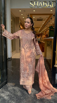 Designer Shimmer Tissue Suit Set with Thread Embroidery Beads & Multicolour Stone Work ( 46 size sides will be plain customisation available if handwork needed )