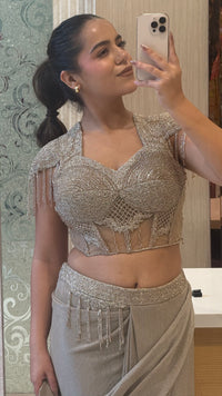Handwork Georgette Drape Saree with Full-Sleeve Blouse & Tassel Detailing