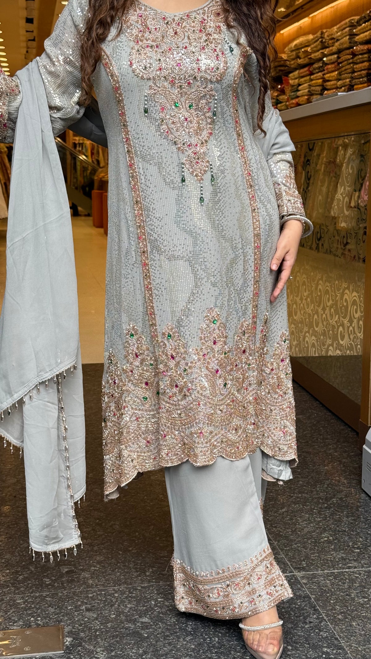 Designer Georgette Suit Set with Sequin Shirt & Multicolor Stone Beads Work