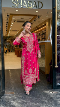 Designer Chinon Suit Set with Multicolour Stone & Beads Work (customisation available for 46/48 size)