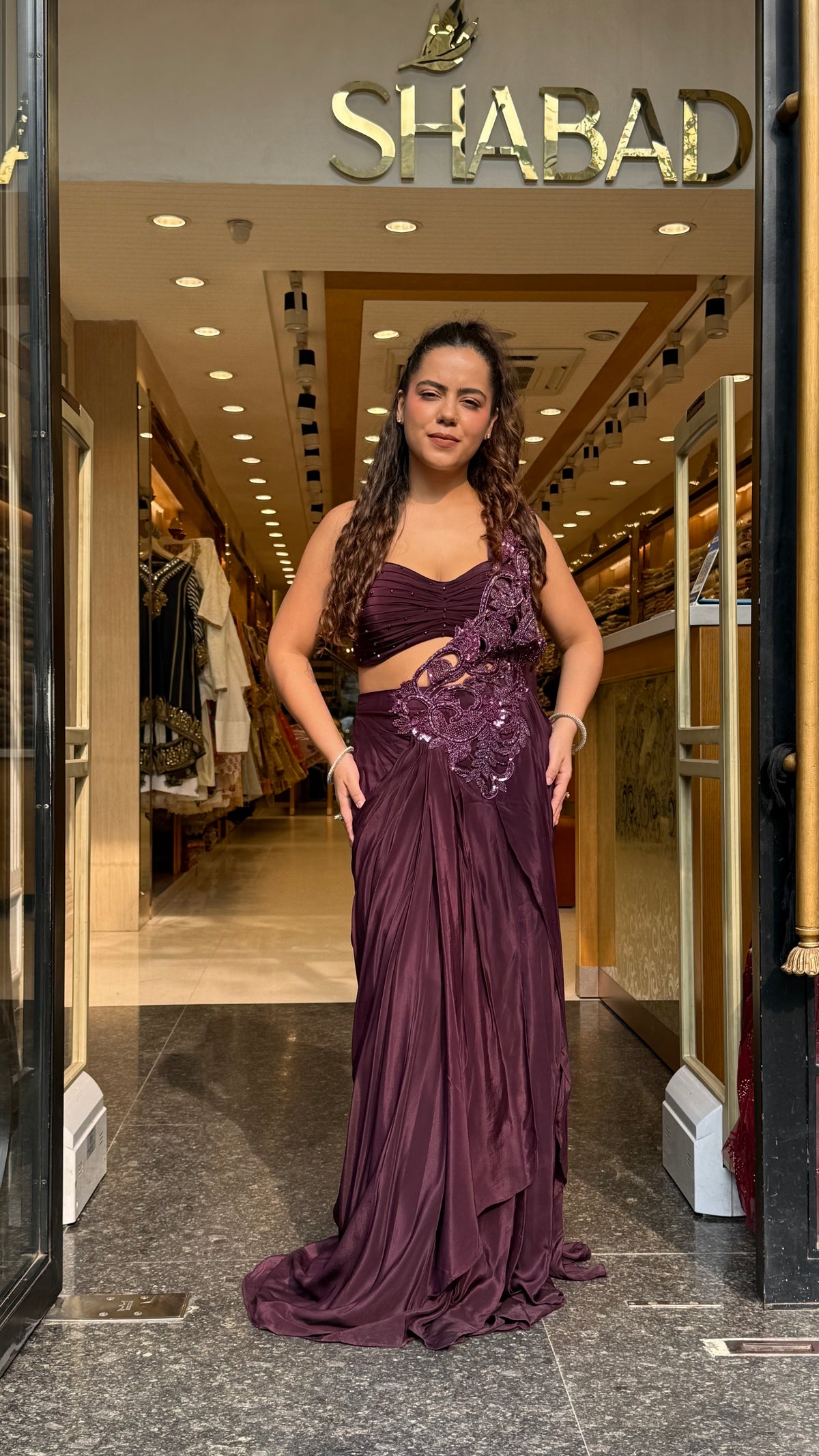 Designer Crepe Drape Saree with Handworked Palla | Ready-to-Wear Saree
