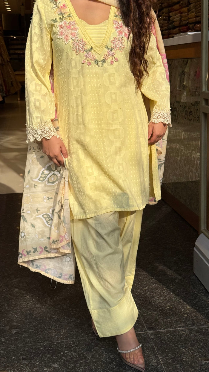 Women’s Cotton Jacket Suit Set with Farshi Salwar | Thread Embroidery Neckline | Sizes Up to 46