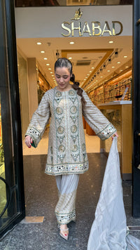 Luxury Shimmer Tissue Suit Set with Beads Jewellery & Mirror Work