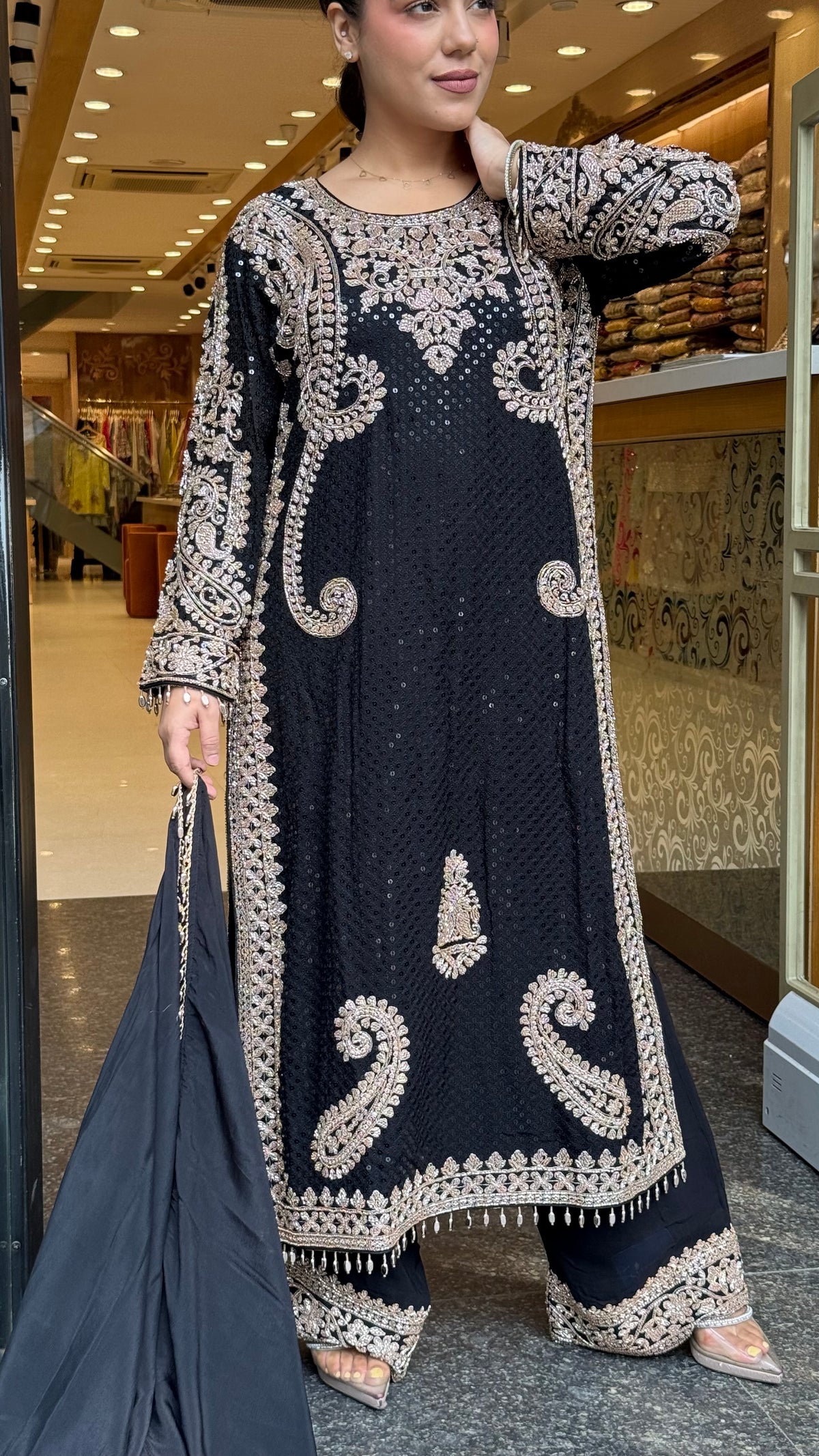 Georgette fabric Suit Set with Sequin Shirt &  Beads Handwork ( 3xl size sides will be plain handwork can be customised )