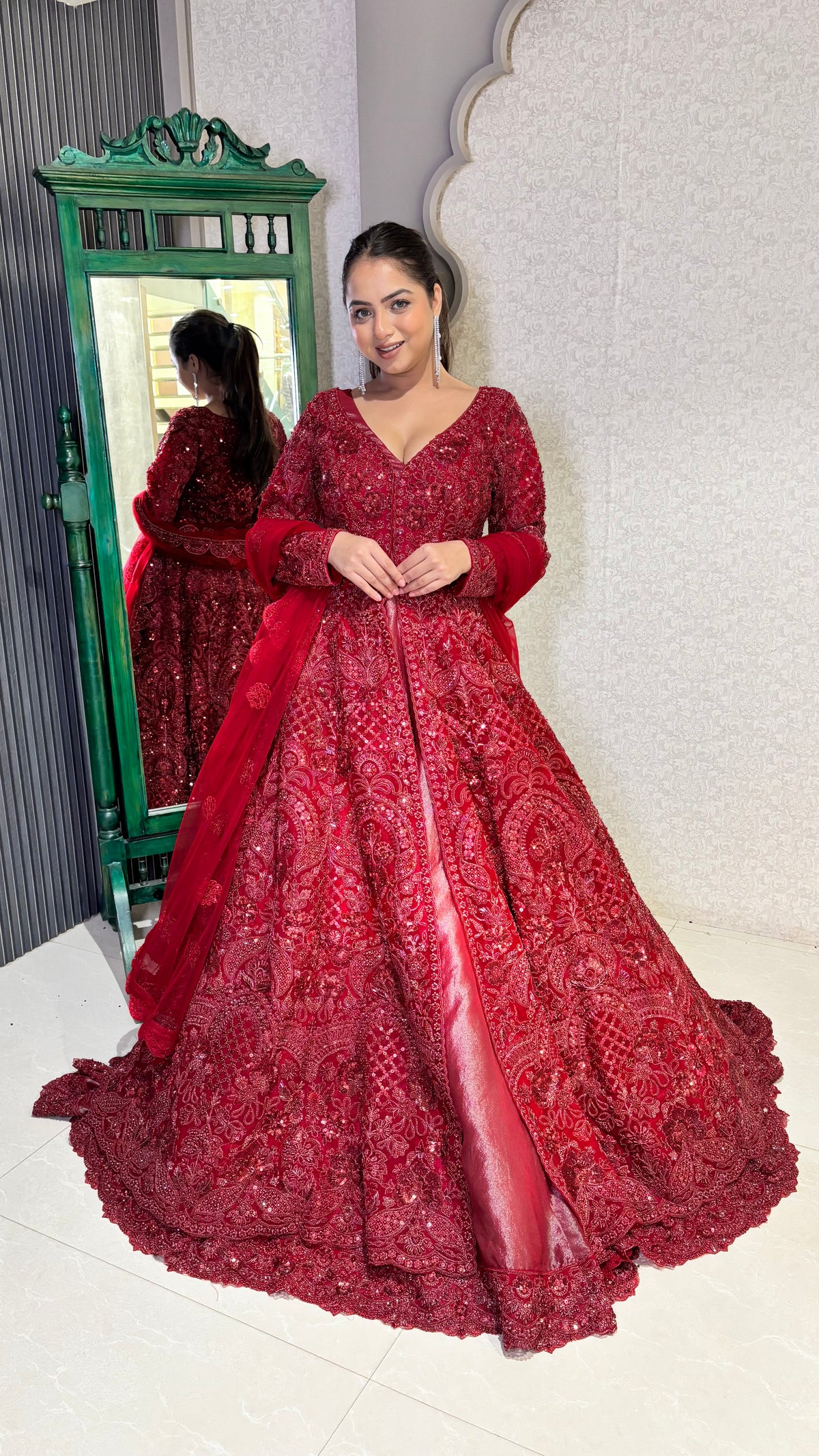 Long jacket lehenga.. pearls cutdana sequin stones work