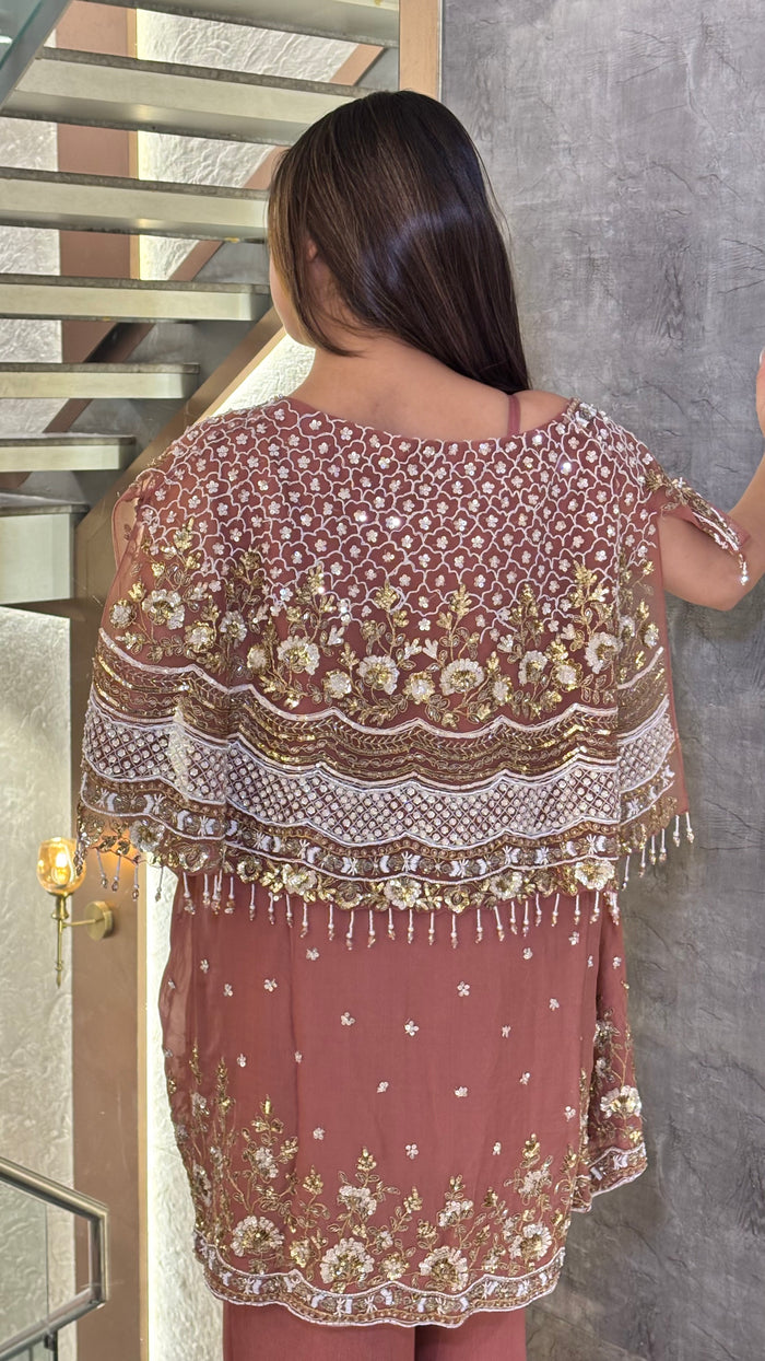 Indo-Western 3-Piece Set with Handwork Blouse & Organza Shrug – Upto Size 44