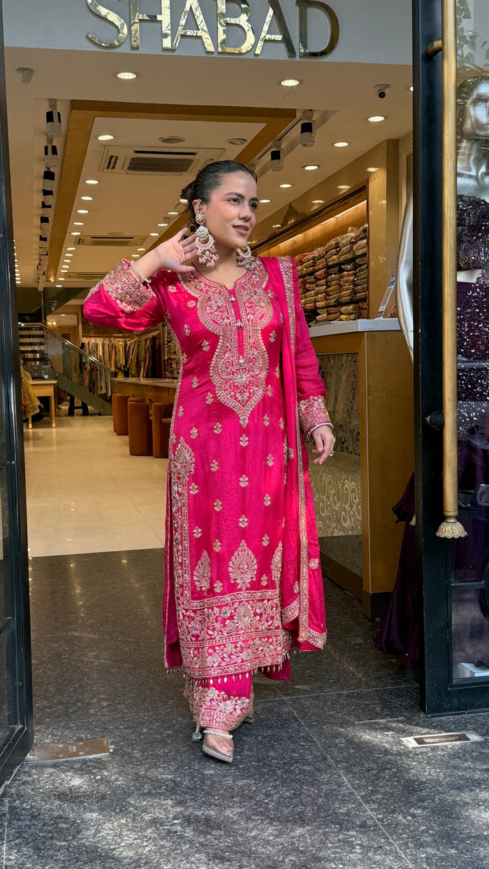 Designer Chinon Suit Set with Multicolour Stone & Beads Work (customisation available for 46/48 size)