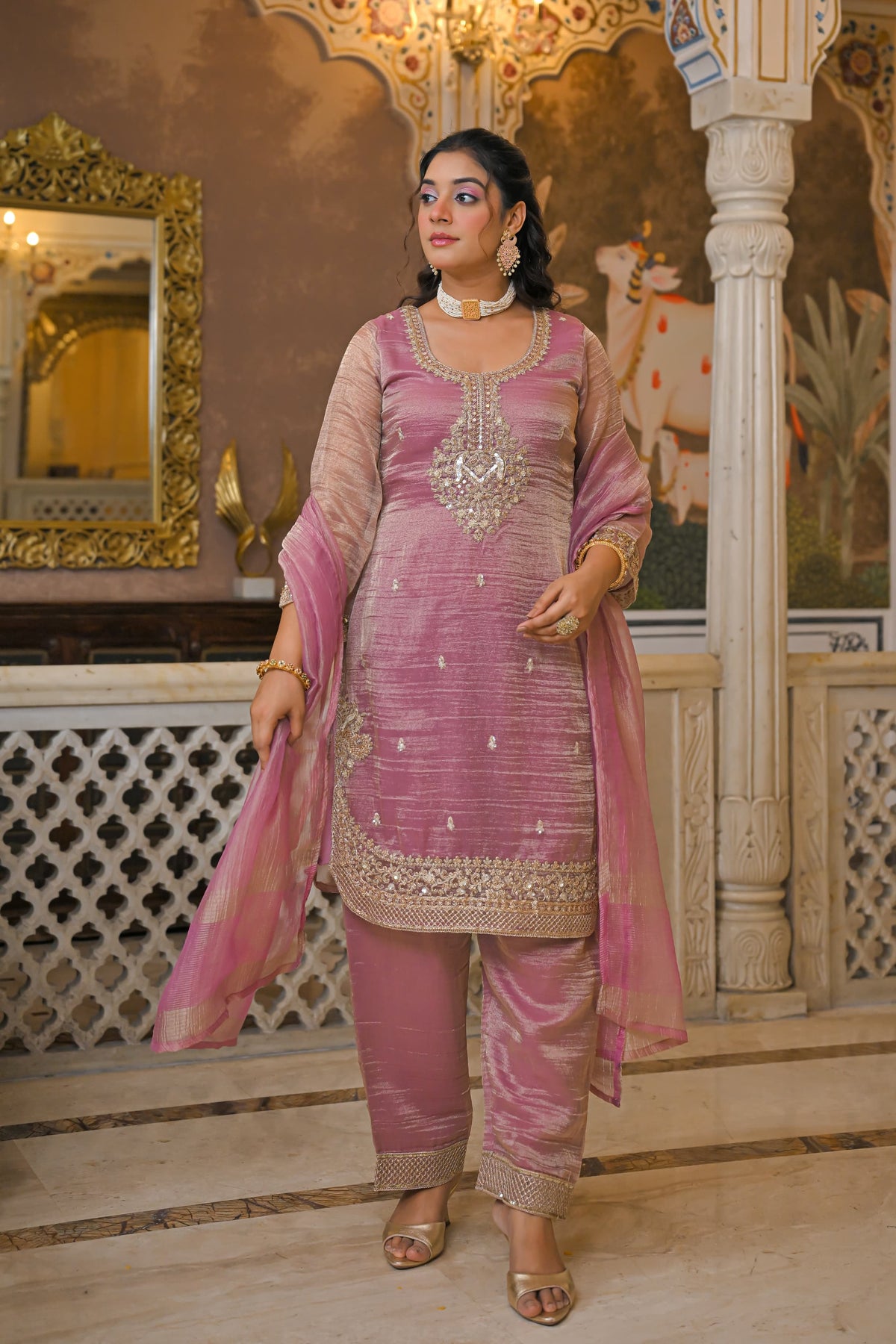 Maheshwari Cotton Suit with Shimmer Tissue, Dori, Sequin & Cutdana Work | Budget-Friendly Suit | Up to Size 44