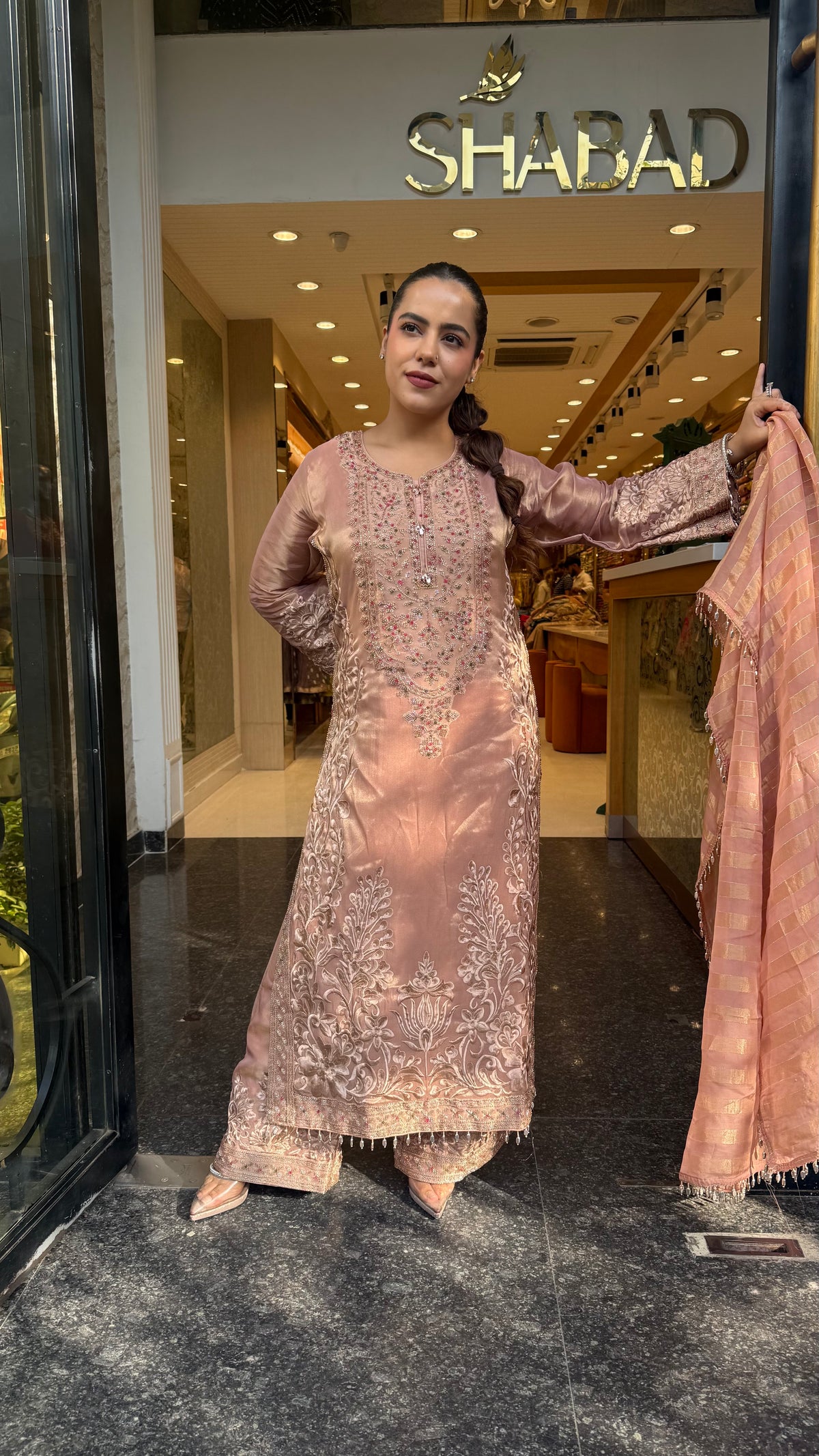 Designer Shimmer Tissue Suit Set with Thread Embroidery Beads & Multicolour Stone Work ( 46 size sides will be plain customisation available if handwork needed )