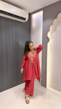 Mul Chanderi Co-ord Set with Thread Embroidered Neckline | Elegant Ethnic Wear