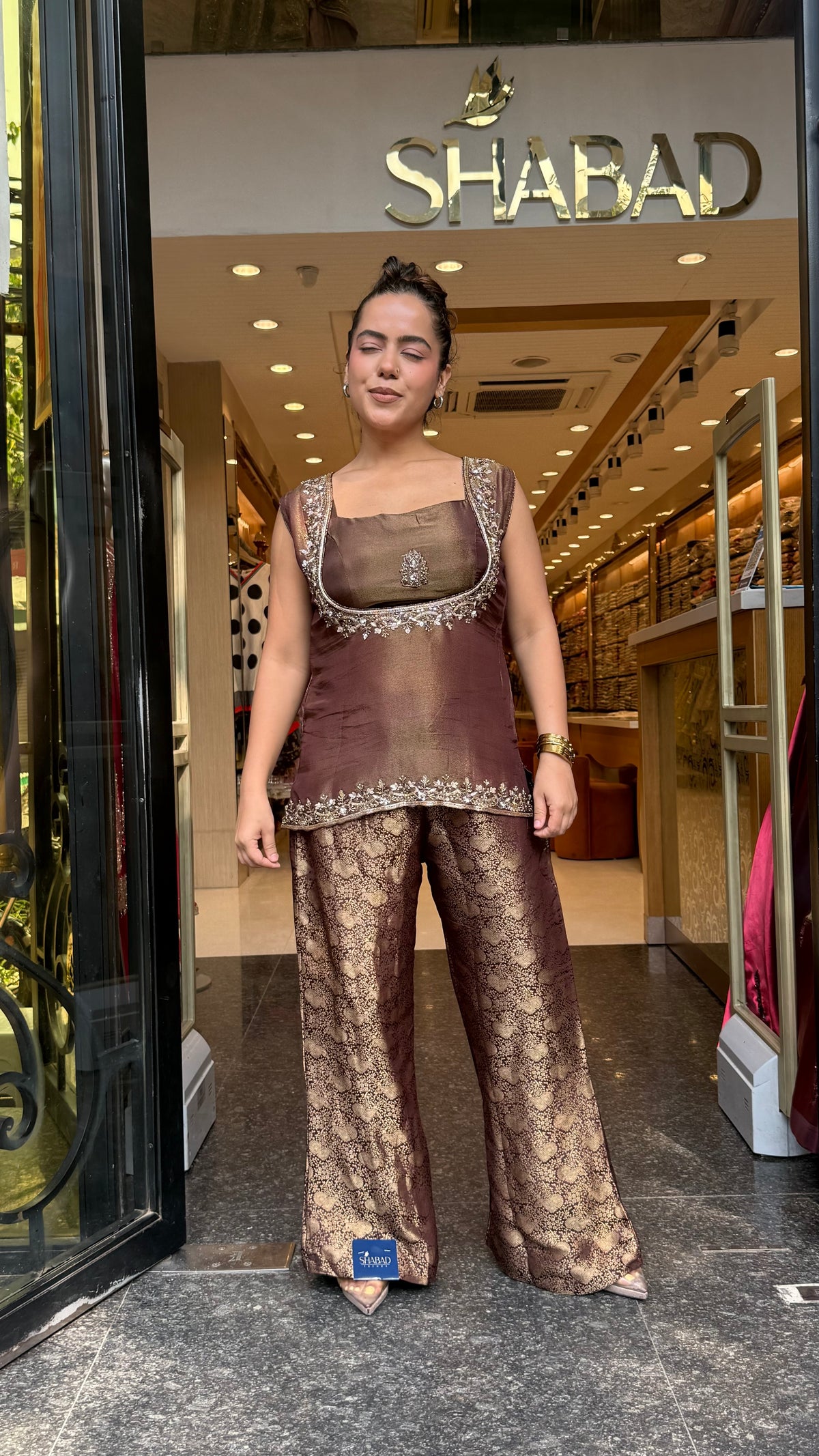 Shimmer Tissue Shirt & Blouse with Brocade Pants | Dabka & Cutdana Embellished Coord Set