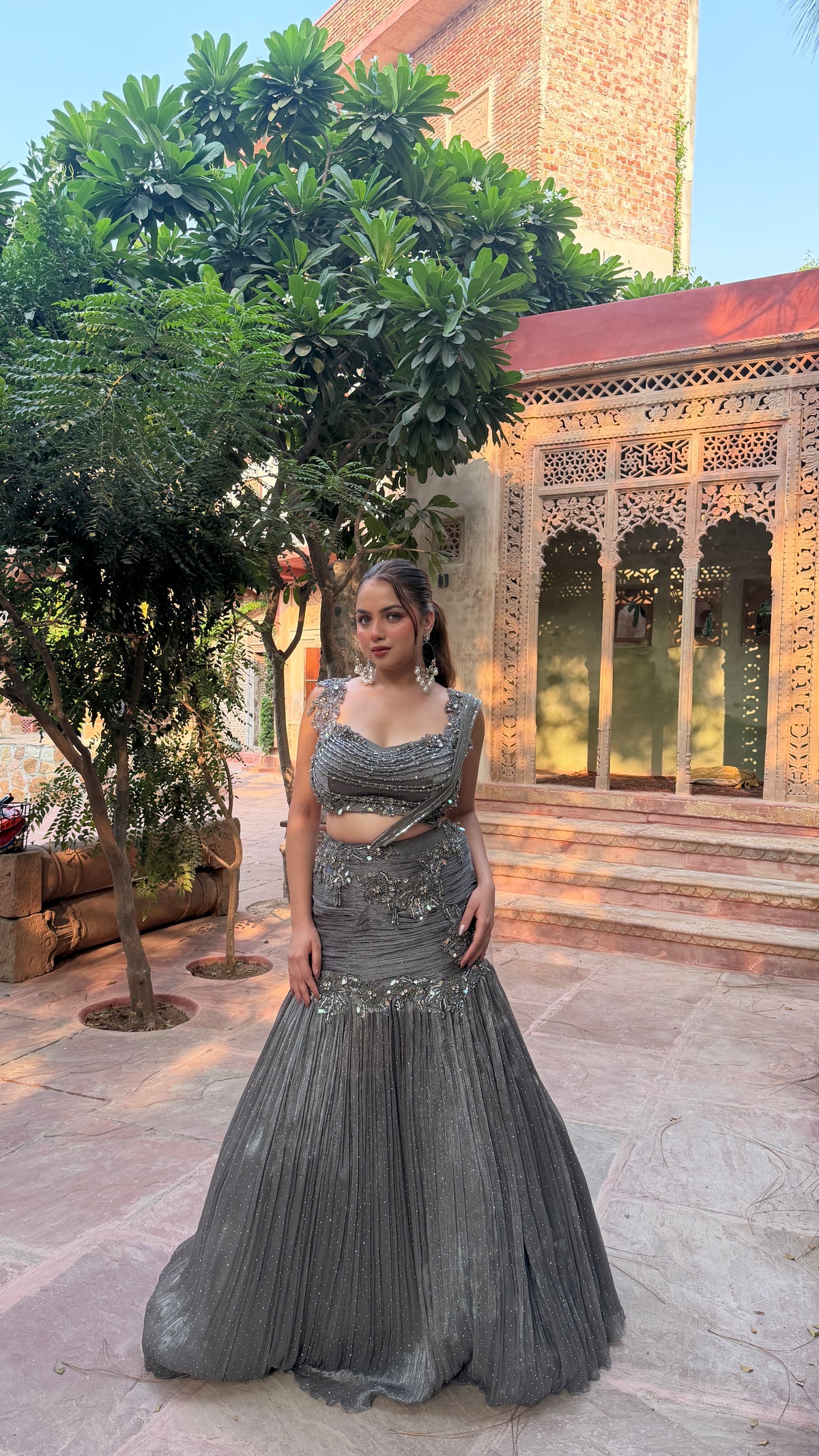 Shimmer Tissue Embellished Lehenga with Stone, Sequin, Pearl & Swarovski Cutdana Work