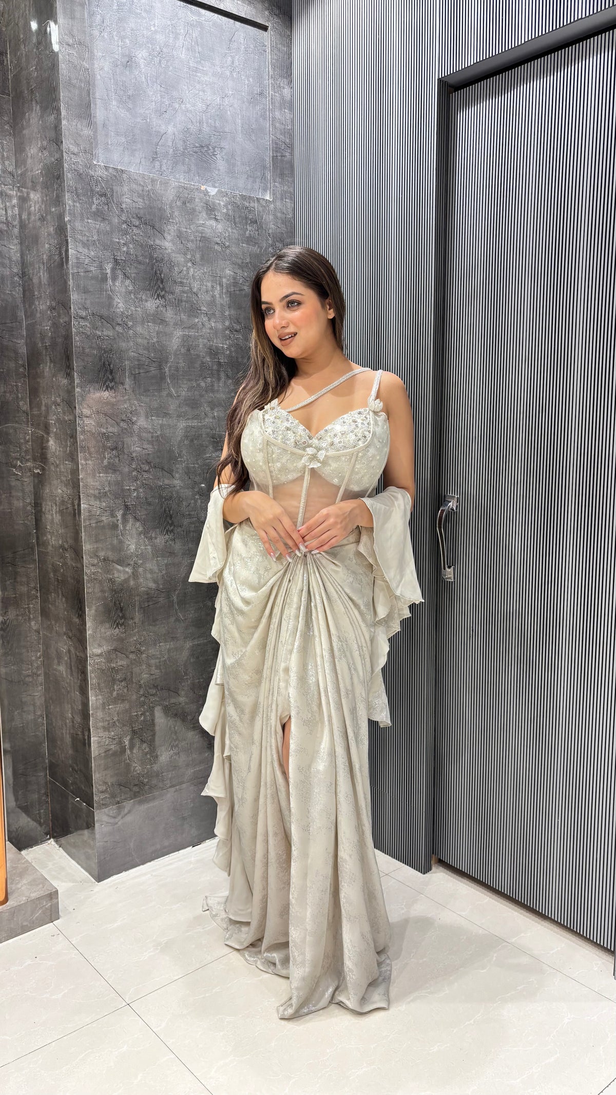 Lycra Saree with Pearl, Cut Dana & Mirror Work Corset Blouse