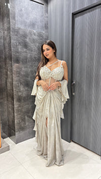 Lycra Saree with Pearl, Cut Dana & Mirror Work Corset Blouse