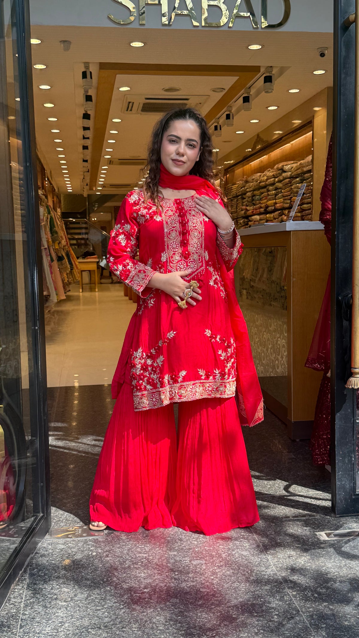Silk Suit Set with Chinon Garara – Dori, Pearl & Gotta Detailing