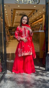 Silk Suit Set with Chinon Garara – Dori, Pearl & Gotta Detailing