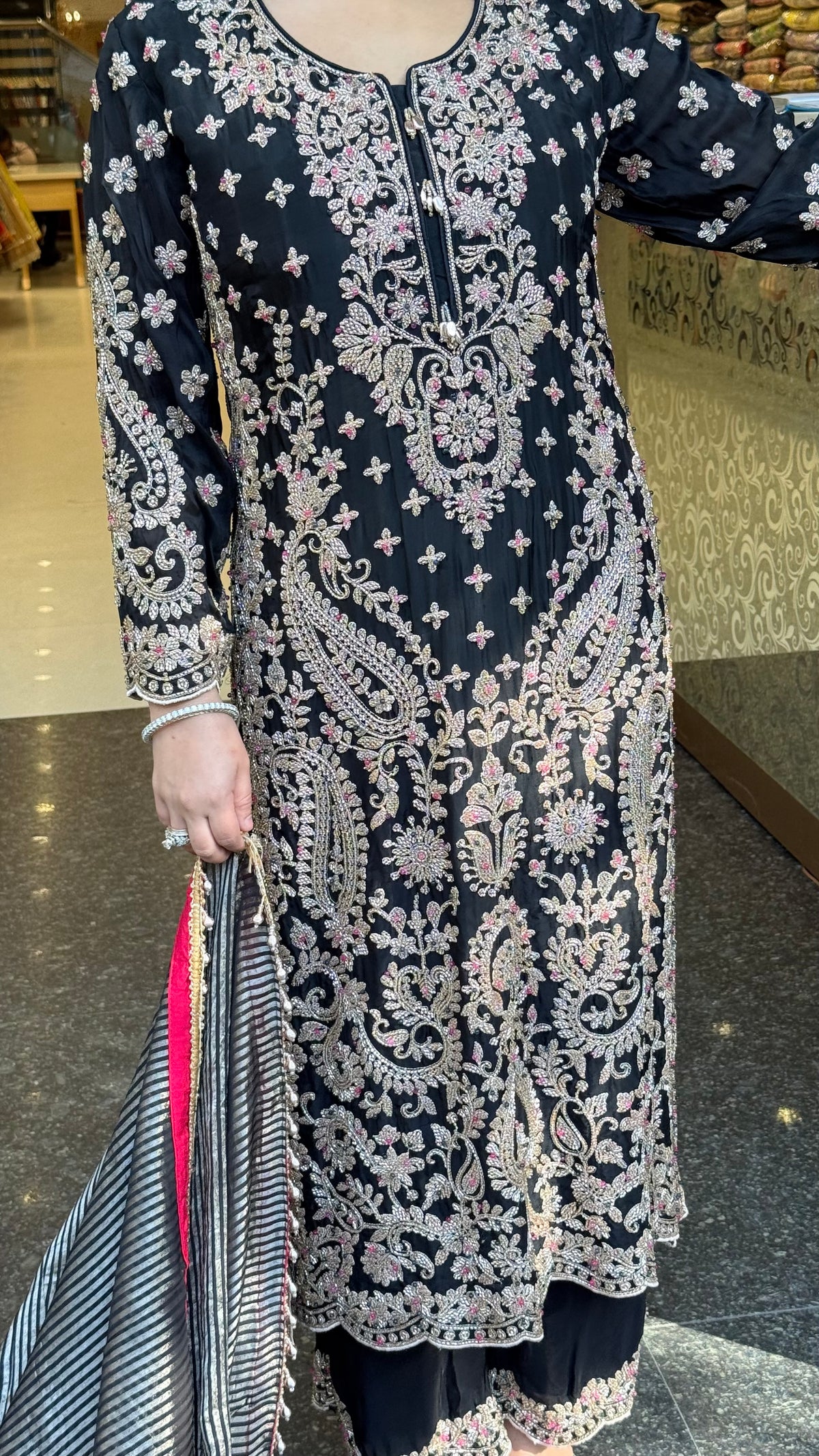 Elegant Satin Silk Suit Set with Beads & Multicolour Stone Work