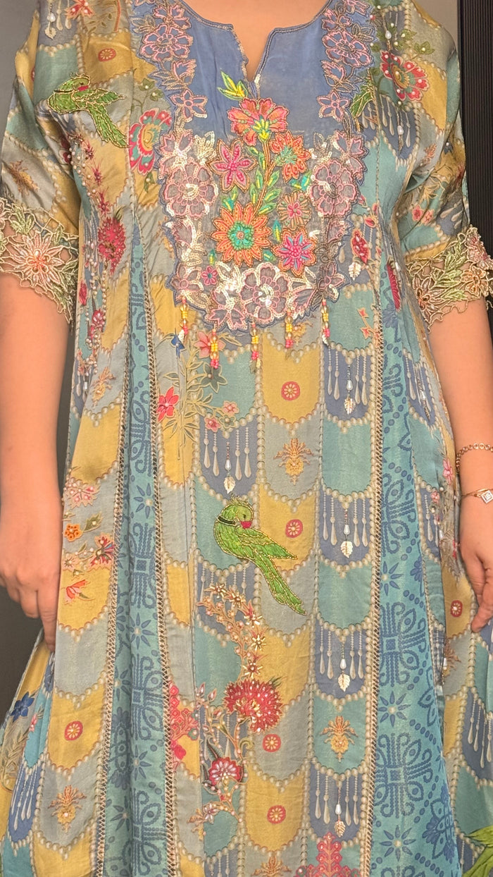 Printed Shimmer Silk Suit with Handwork Neckline