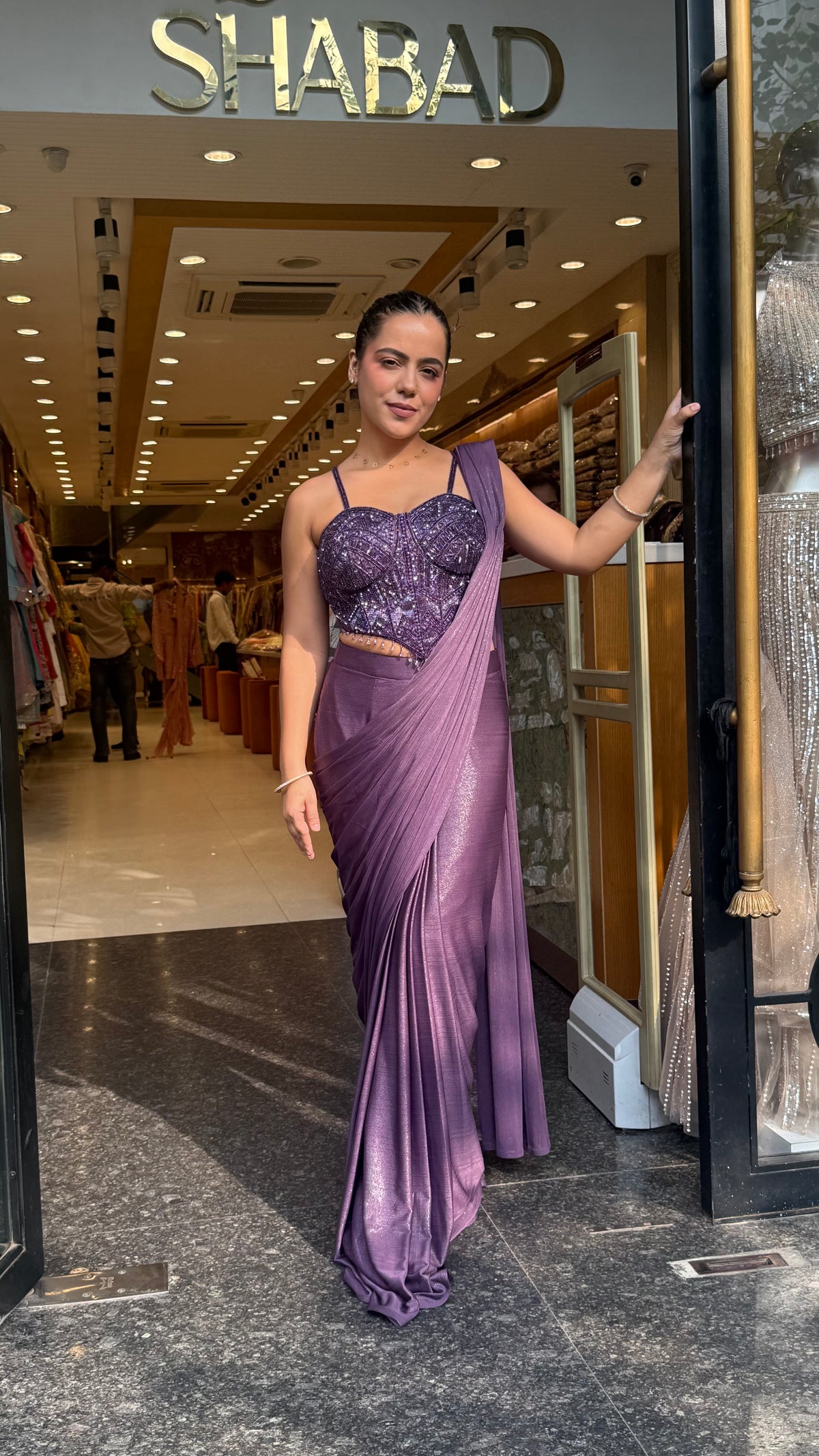 Shimmer Lycra Drape Saree with Handwork Corset Blouse