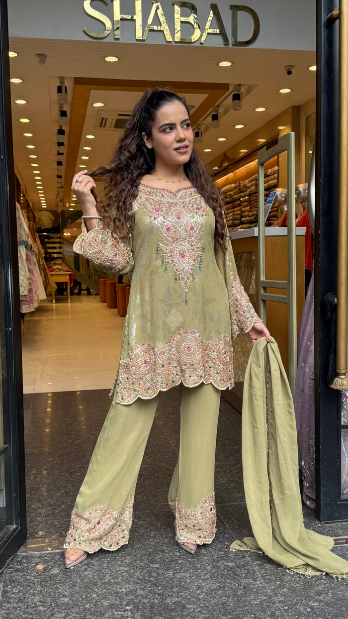Designer Short Pakistani Suit Set with Sequin, Thread Embroidery & Pearl Detailing | Festive Wear