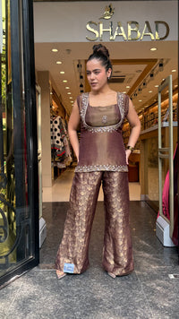 Shimmer Tissue Shirt & Blouse with Brocade Pants | Dabka & Cutdana Embellished Coord Set