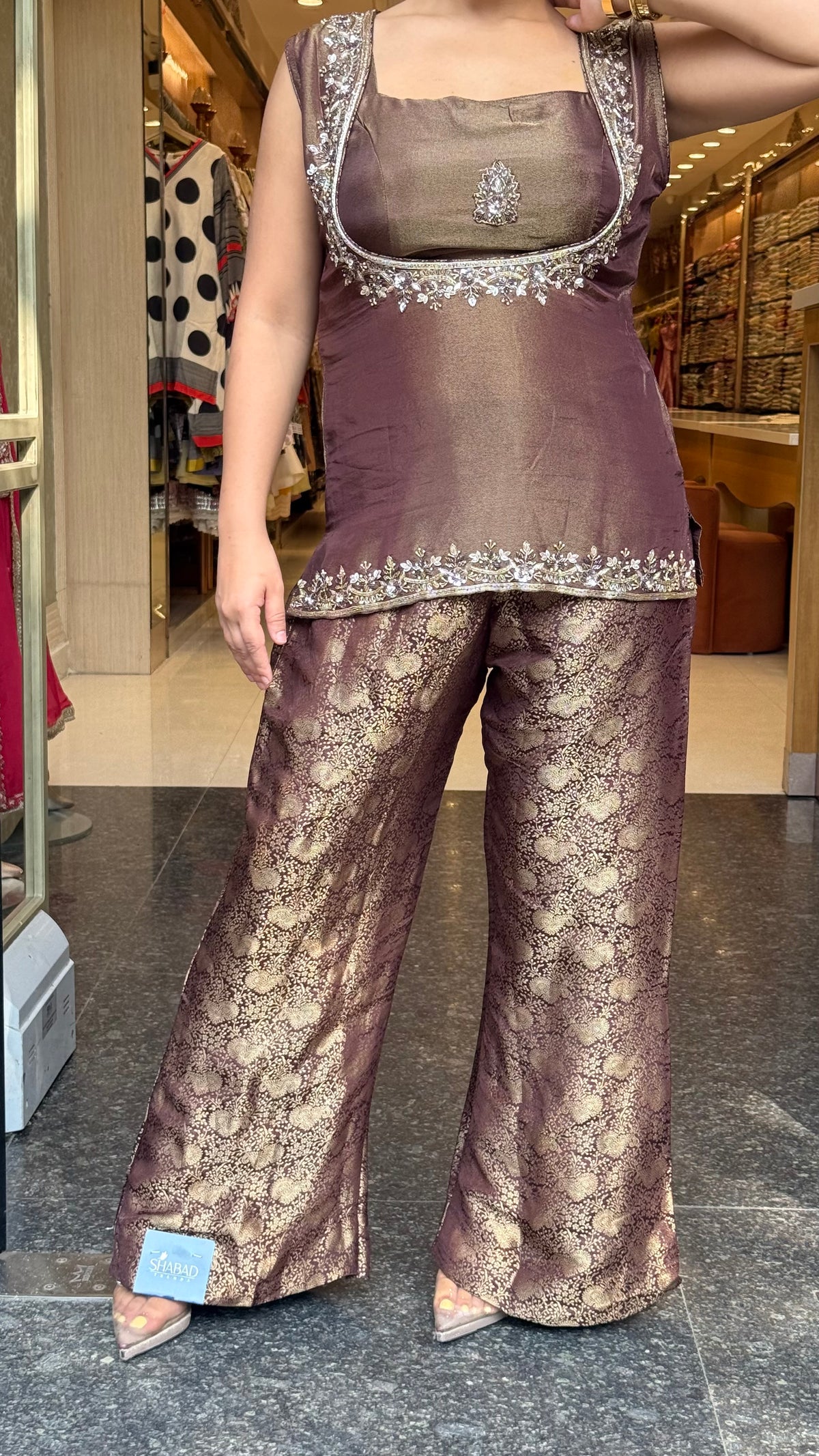 Shimmer Tissue Shirt & Blouse with Brocade Pants | Dabka & Cutdana Embellished Coord Set