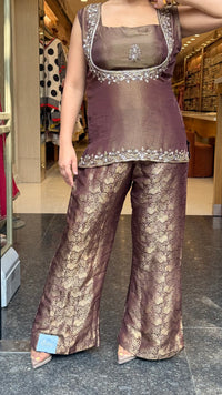 Shimmer Tissue Shirt & Blouse with Brocade Pants | Dabka & Cutdana Embellished Coord Set